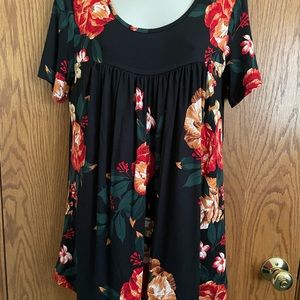 Longyuan Black With Floral Tunic Top Short Sleeves Women's Sz Lg See Measurement